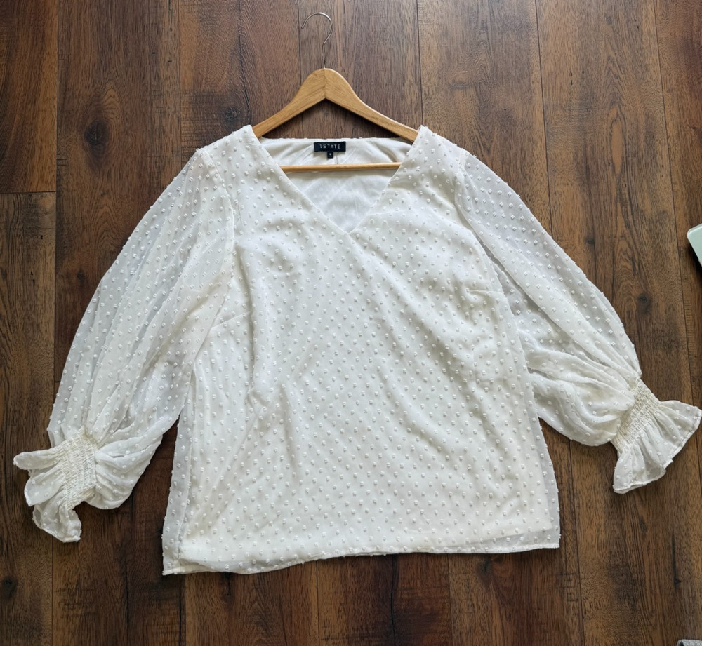 1.STATE White Swiss Dot Romantic Prairie Sheer Balloon Sleeve Blouse L